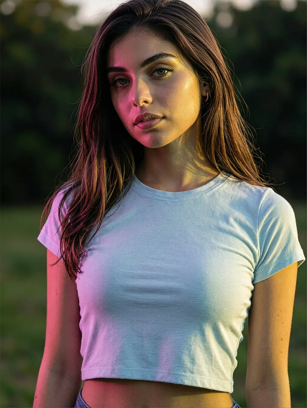 Fictional AI character featured on the first landing page, outdoors at dusk